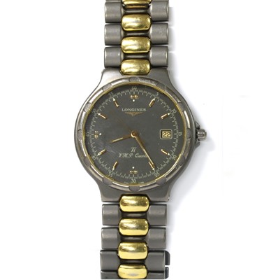 Lot 1541 - A gentlemen's titanium and gold-plated Longines 'Conquest' quartz bracelet watch