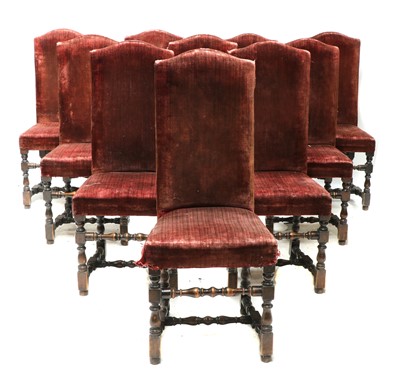 Lot 475 - A set of ten 17th century style beechwood framed upholstered dining chairs