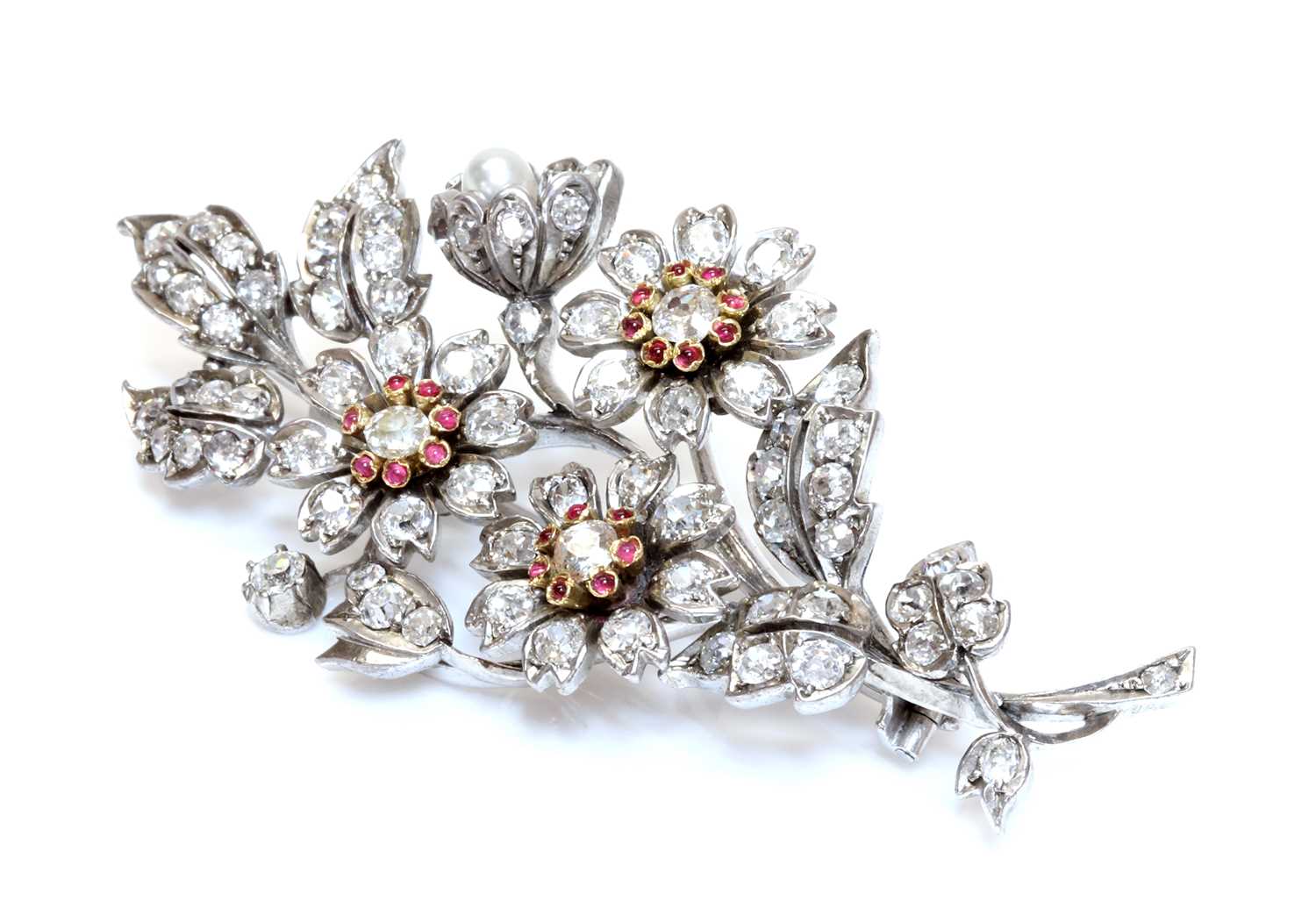 Lot 36 - A Victorian diamond, ruby and pearl spray brooch, c.1880