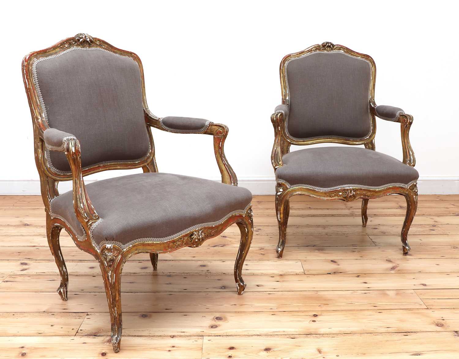 Lot 158 - A similar pair of Louis XV-style gilt-framed armchairs