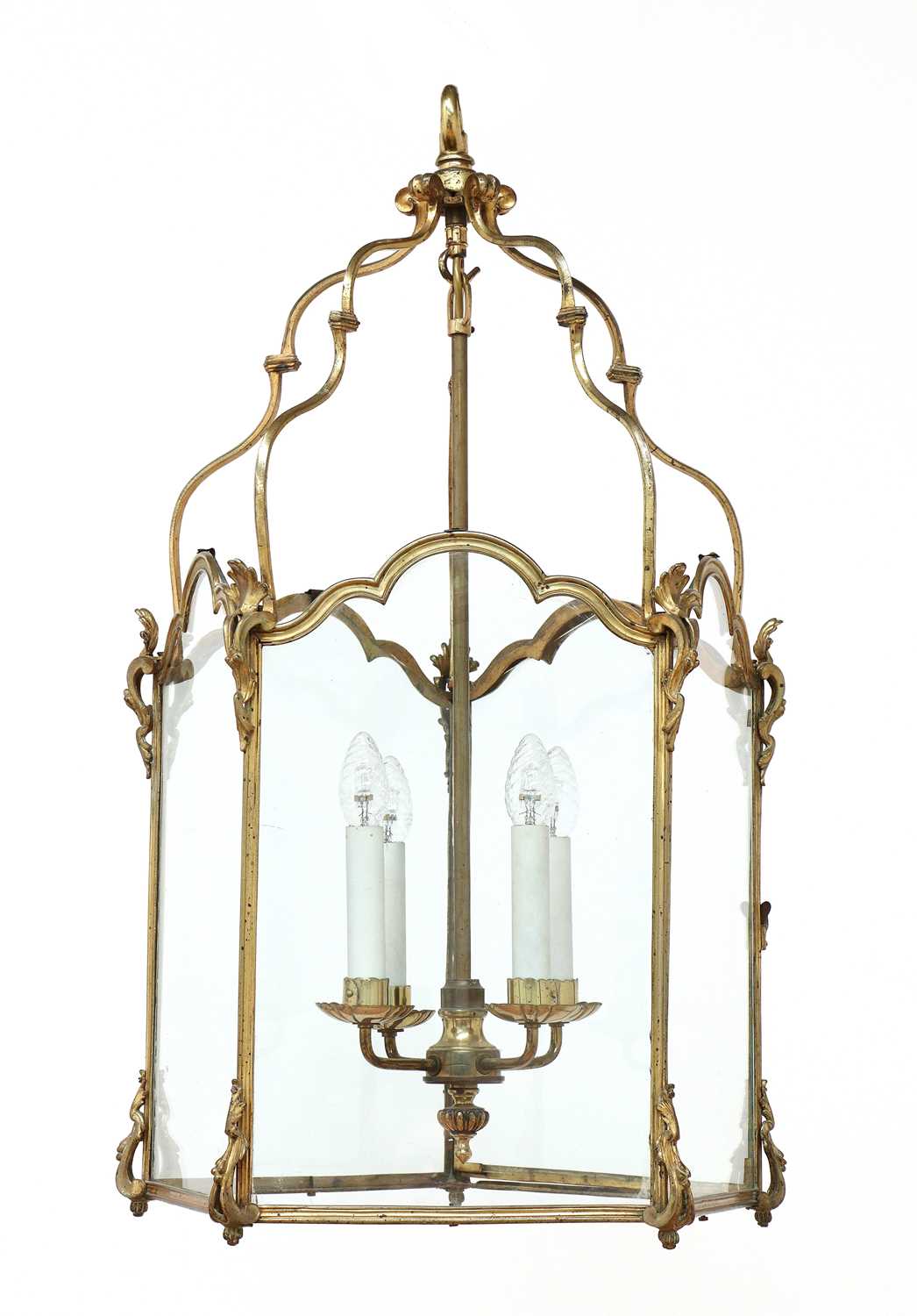 Lot 639 - A large brass-framed hexagonal hall lantern