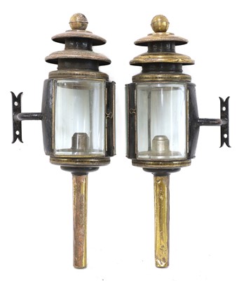 Lot 686 - A pair of Regency iron and brass cylindrical carriage lamps