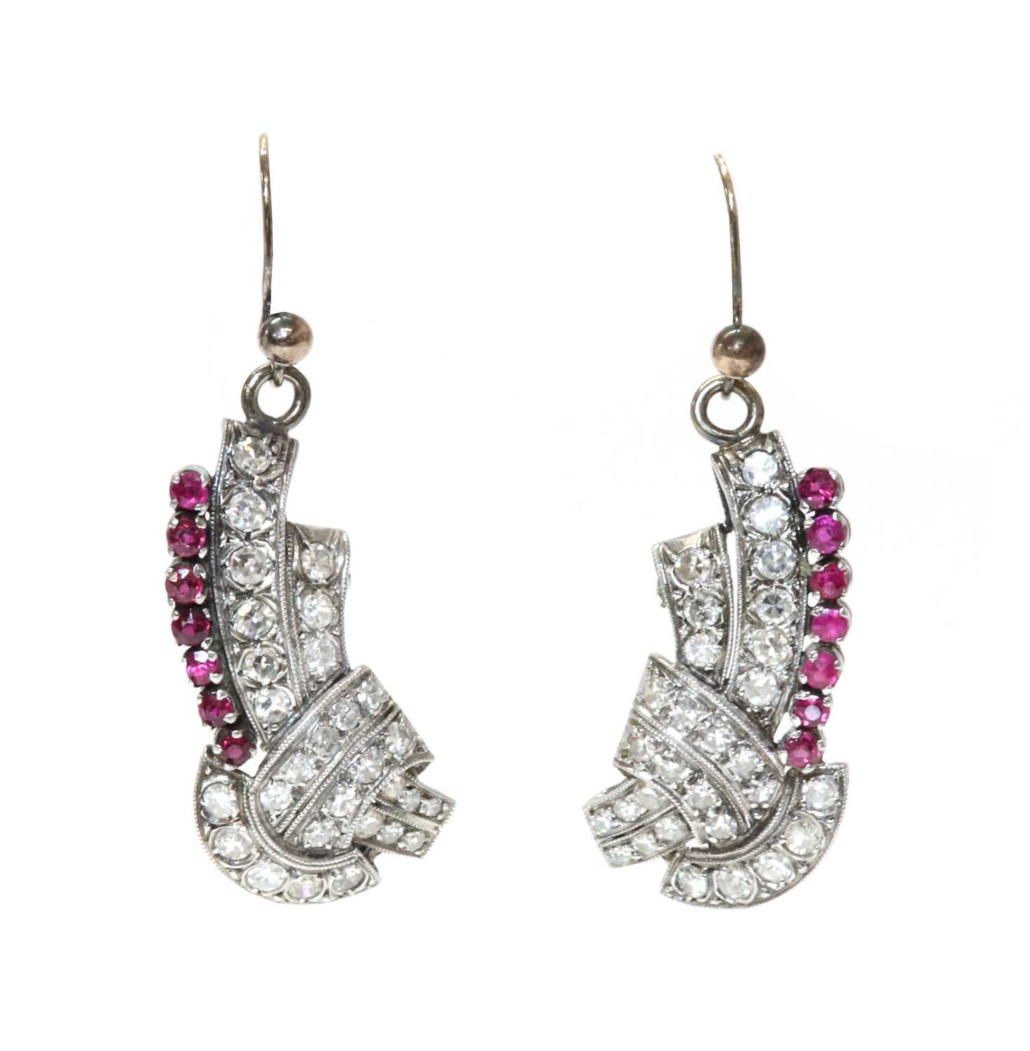 Lot 171 - A pair of ruby and diamond drop earrings