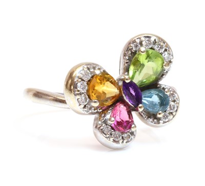 Lot 399 - An 18ct white gold gemstone and diamond set butterfly ring