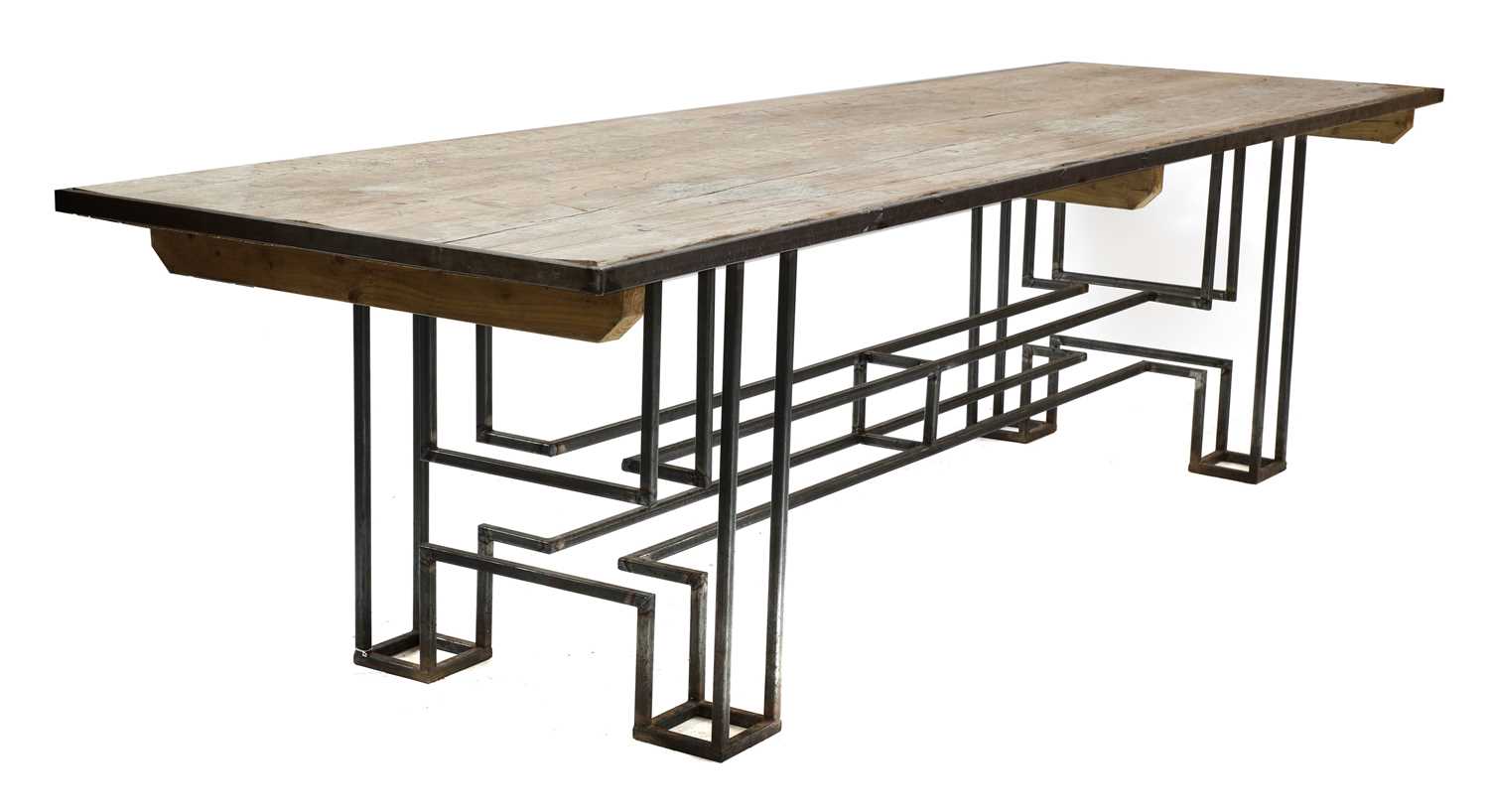 Lot 433 - A large pine and steel industrial refectory table