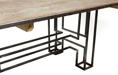 Lot 433 - A large pine and steel industrial refectory table