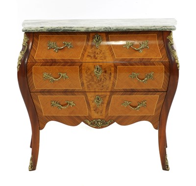 Lot 386 - A louis-XV style marble topped kingwood and gilt mounted bombe commode