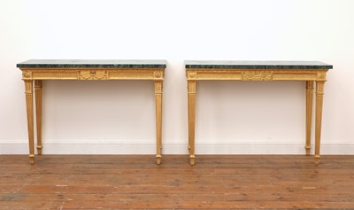 Lot 8 - A pair of giltwood console tables in the manner of Robert Adam