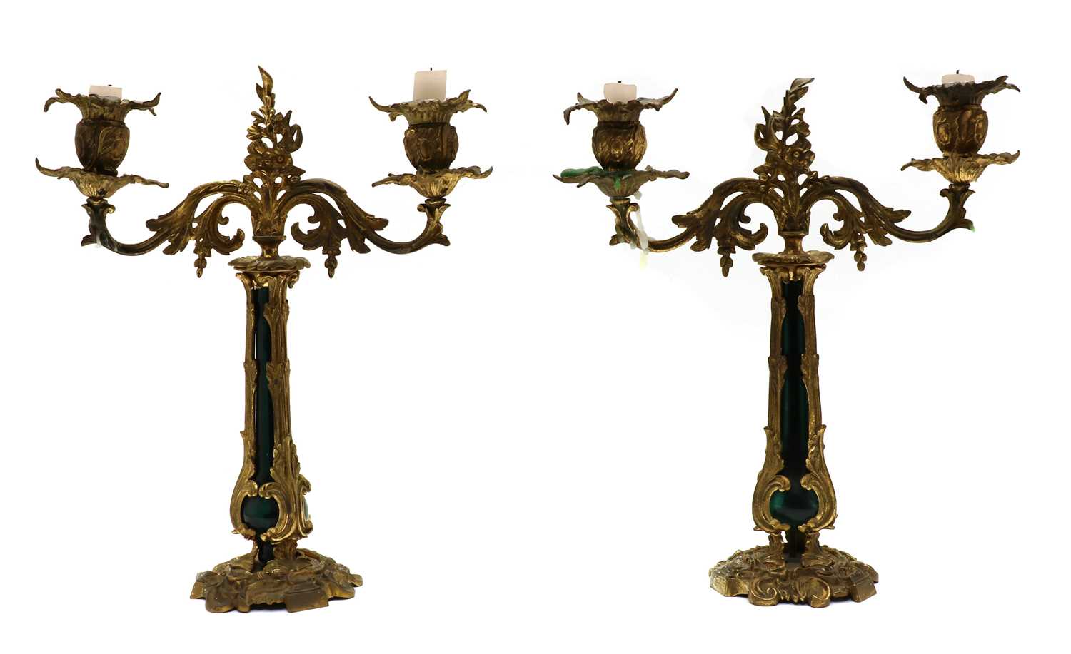 Lot 183 - A pair of 19th century gilt bronze and glass candlesticks