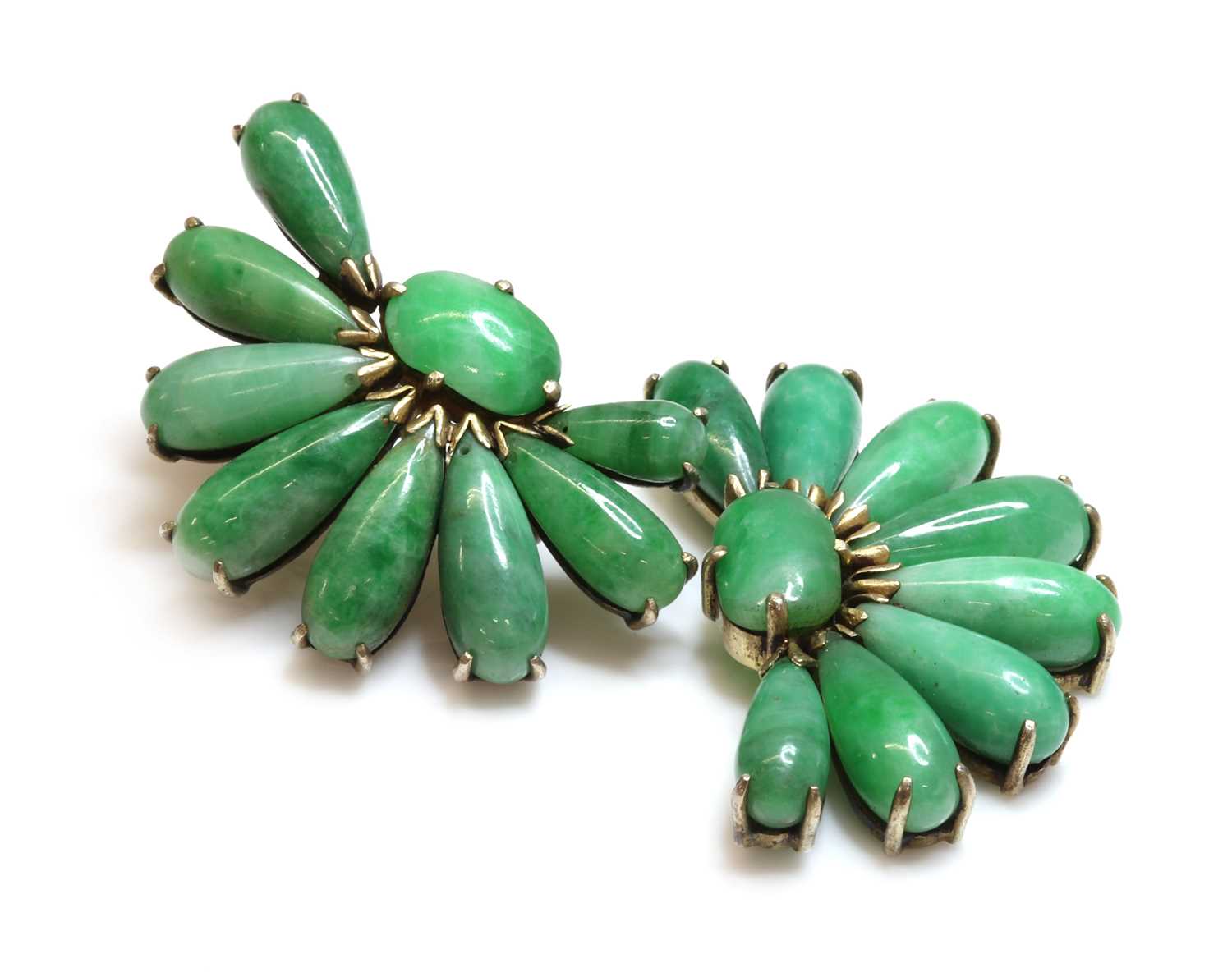 Lot 187 - A pair of silver gilt fan shaped jade earrings, c.1935