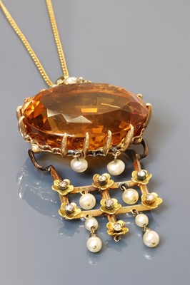 Lot 94 - A Continental citrine, pearl and diamond pendant, c.1880