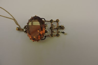 Lot 94 - A Continental citrine, pearl and diamond pendant, c.1880