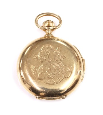 Lot 119 - A Swiss 14ct gold hunter repeater fob watch