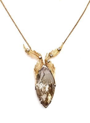 Lot 254 - An 18ct two colour gold smoky quartz and diamond necklace and earring suite, c.1990