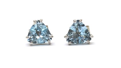 Lot 1280 - A pair of 18ct white gold single stone aquamarine stud earrings