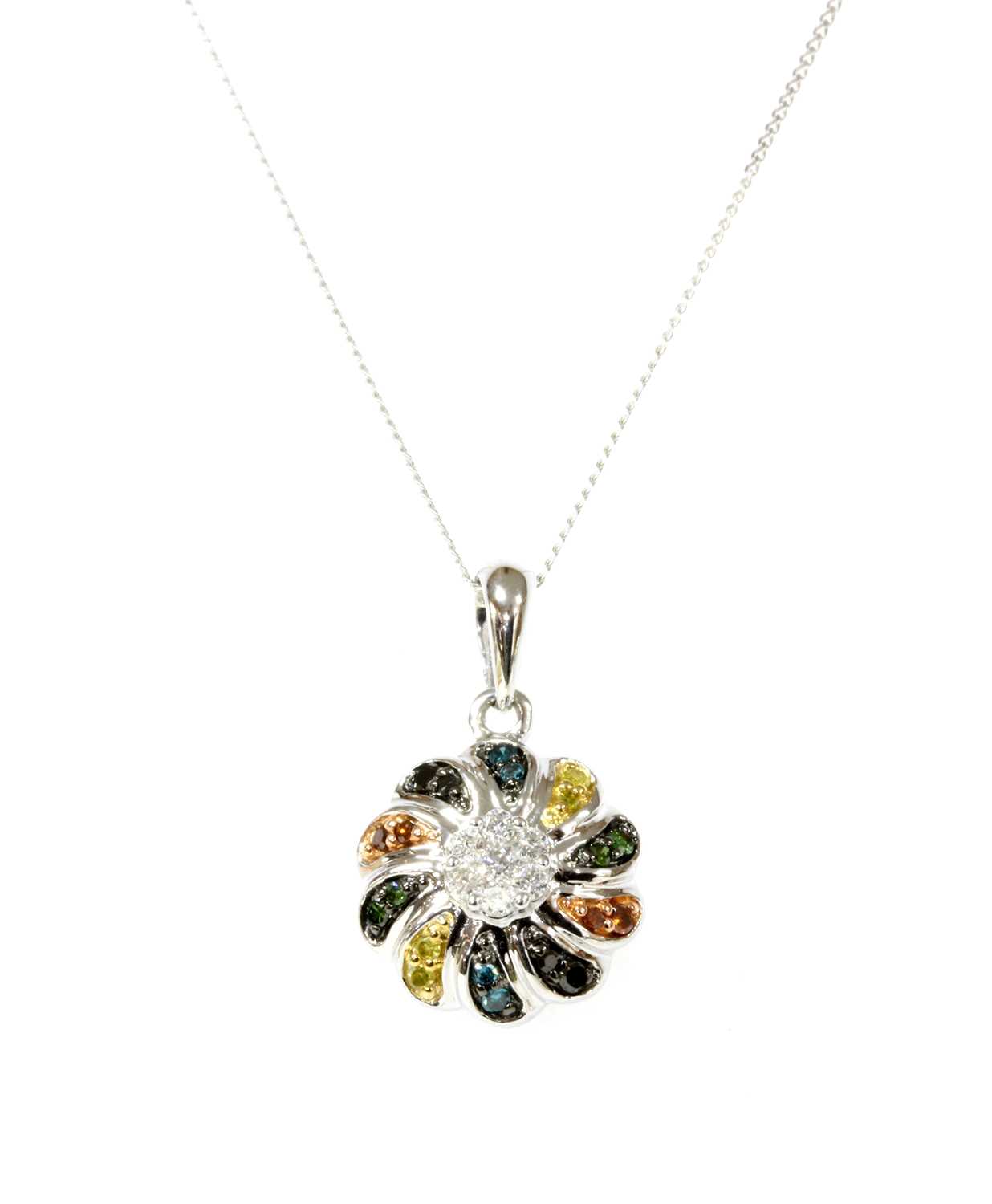 Lot 73 - A white gold diamond and fancy coloured diamond pendant