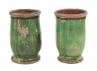 Lot 658 - A pair of 'Poterie d'Anduze' green-glazed terracotta garden urns