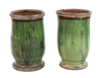 Lot 658 - A pair of 'Poterie d'Anduze' green-glazed terracotta garden urns
