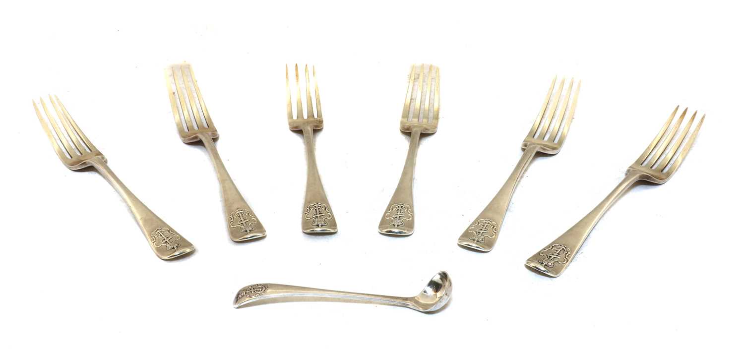 Lot 29 - Six Victorian naval silver dinner forks and a small ladle