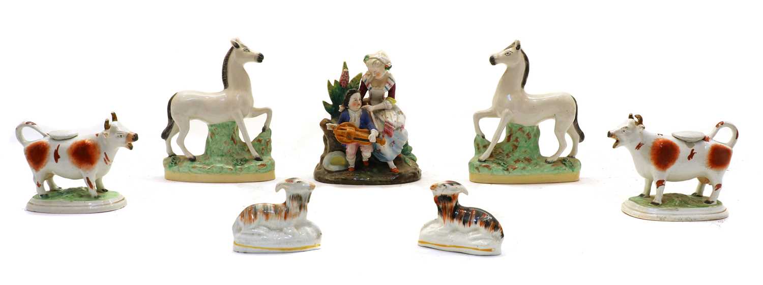 Lot 77 - Ceramics, comprising: a pair of white Staffordshire horses