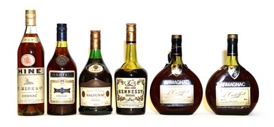 Lot 386 - Assorted Brandy: Hine, Three Star Cognac, 1970s, 24 fl. ozs, one bottle and four various others