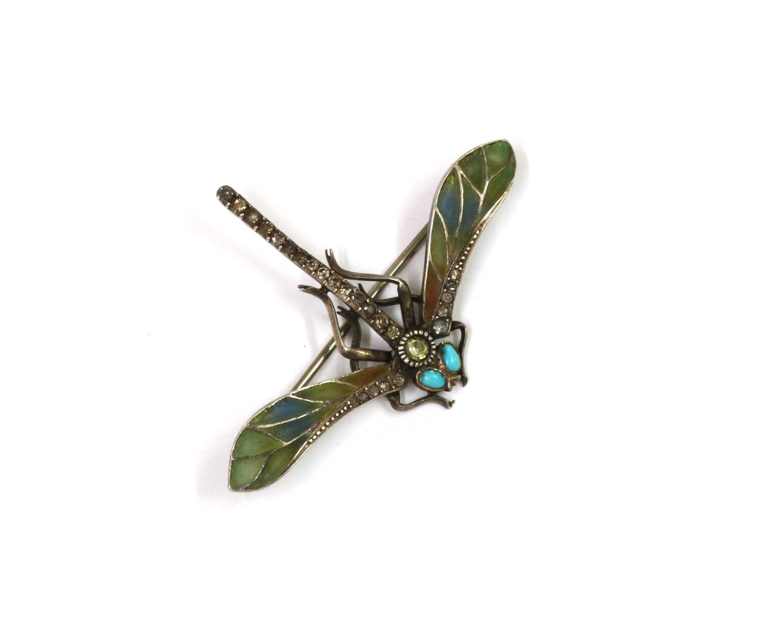 Lot 1049 - A Continental Art Nouveau silver plique-à-jour enamel, turquoise and paste set dragonfly brooch