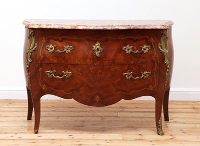 Lot 600 - A French Louis XV mahogany, tulipwood and marquetry inlaid commode