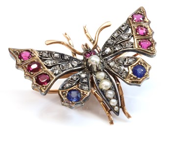 Lot 46 - A split pearl ruby, sapphire and diamond butterfly brooch, c.1900