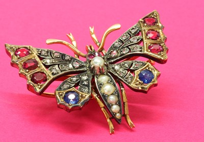 Lot 46 - A split pearl ruby, sapphire and diamond butterfly brooch, c.1900
