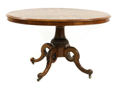 Lot 285 - An early Victorian burr walnut oval tilt top table