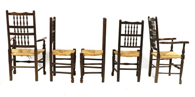 Lot 196 - A matched set of nine oak, ash and elm Lancashire spindle-back chairs