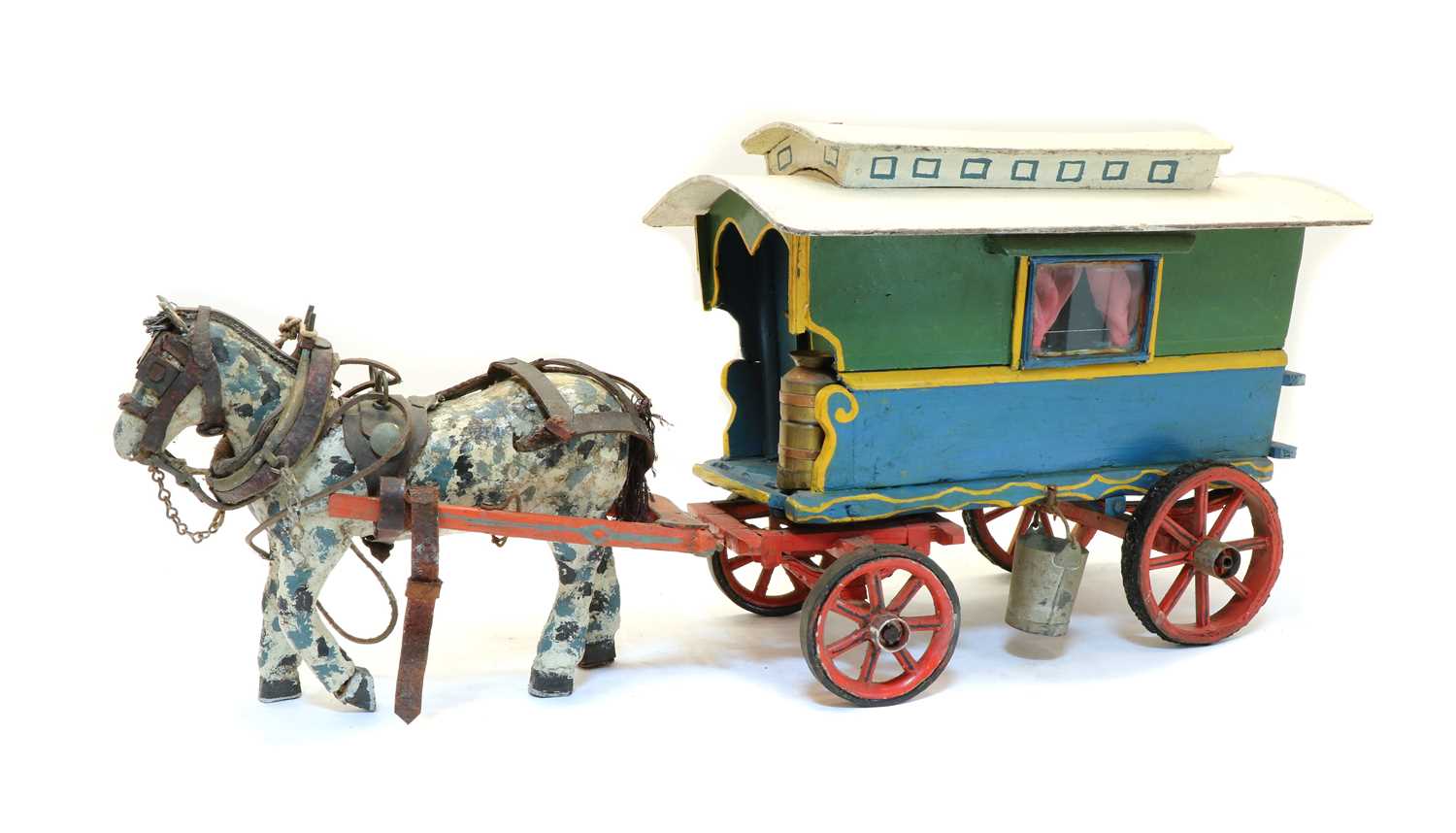 Lot 55 - A painted wooden model of a gypsy caravan and horse