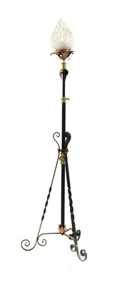 Lot 256 - A wrought iron, copper and brass telescopic standard lamp