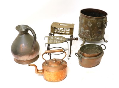 Lot 352 - Copper and brassware, comprising: a 19th century Dutch brass and copper coal bin