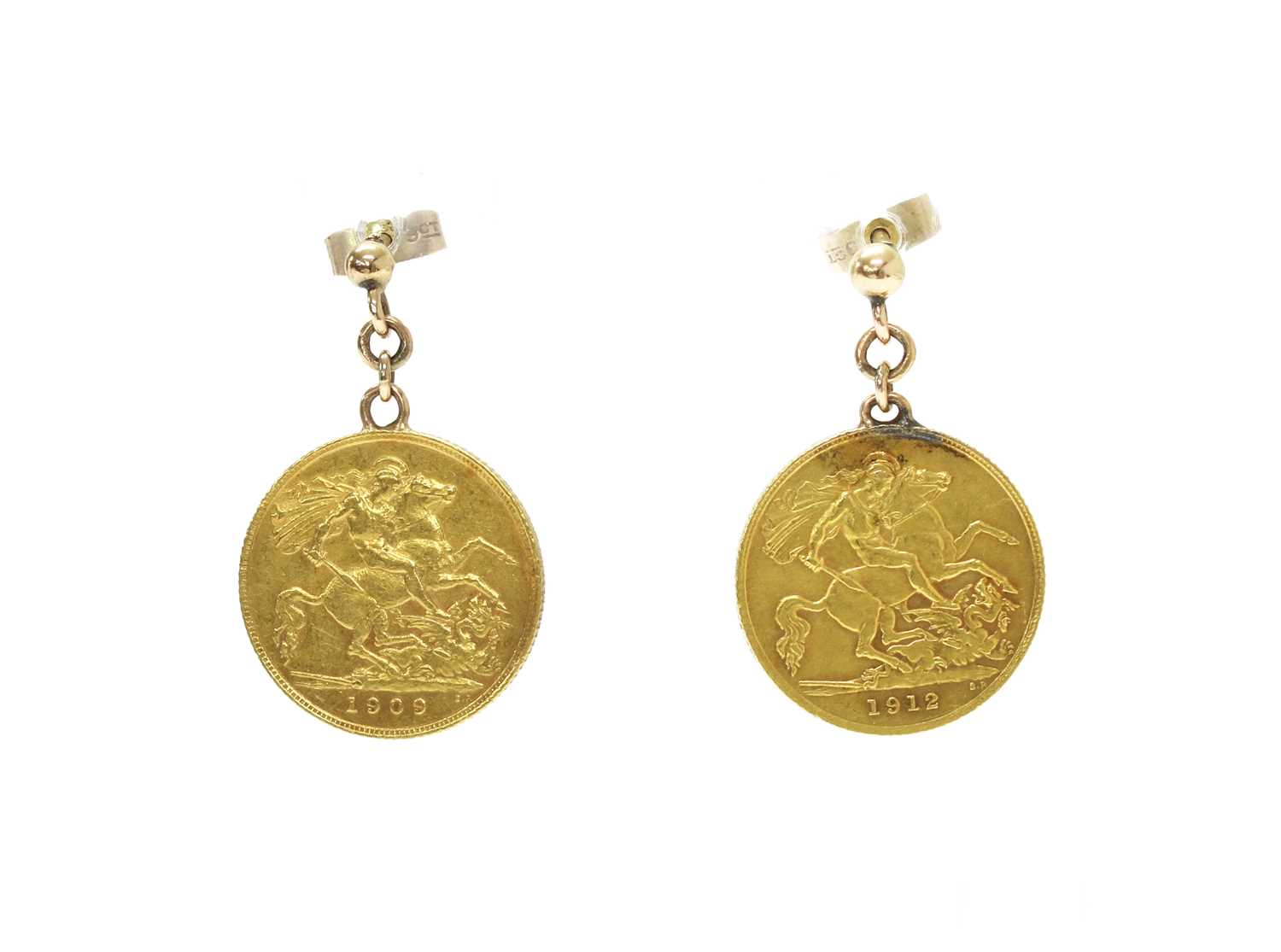 Lot 1093 - A pair of half sovereign earrings