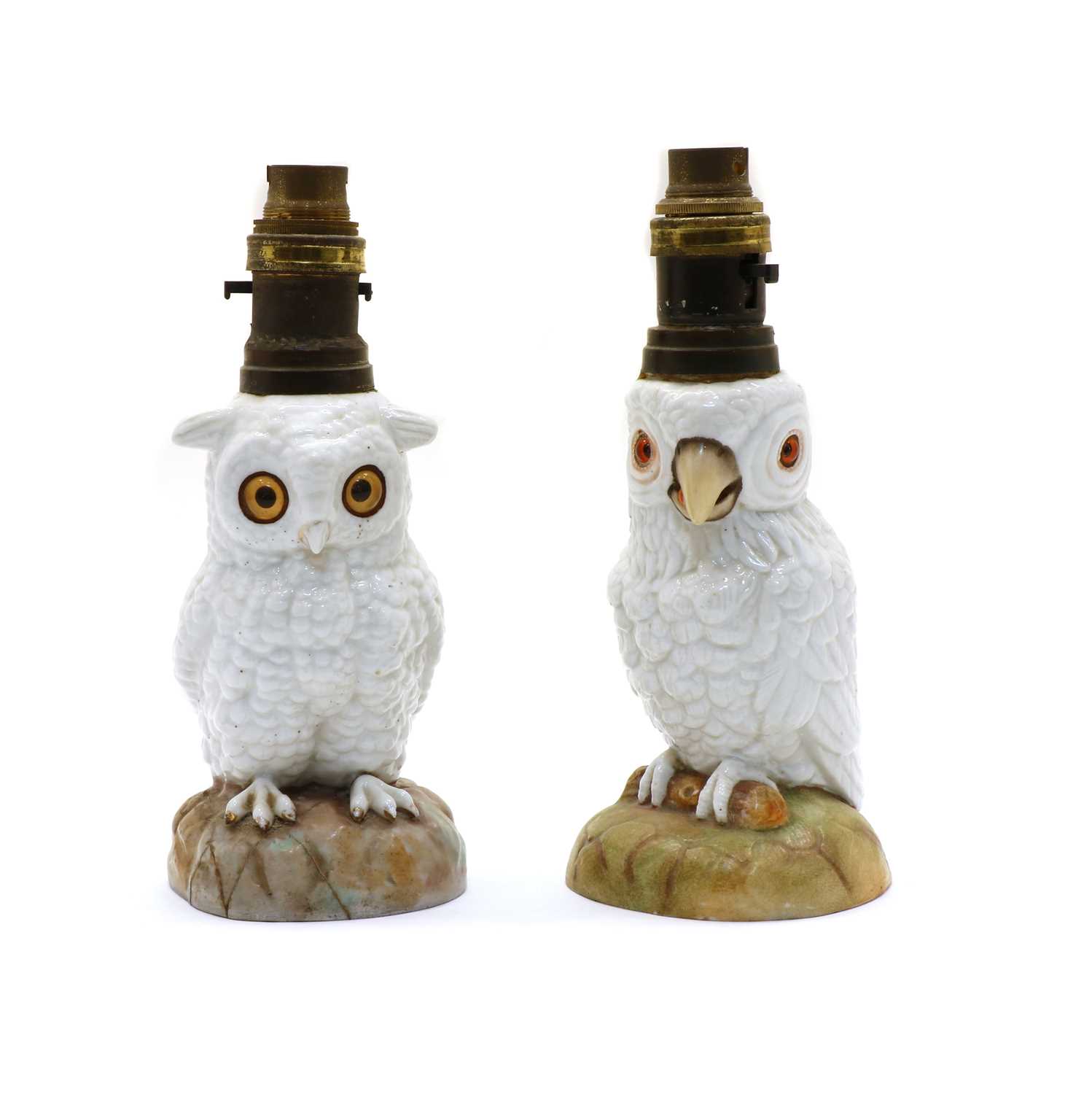 Lot 76 - Two Edwardian owl oil lamps
