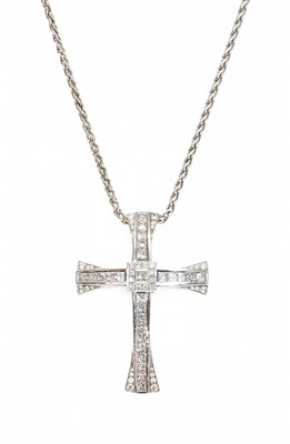Lot 408 - An 18ct white gold diamond set cross and chain
