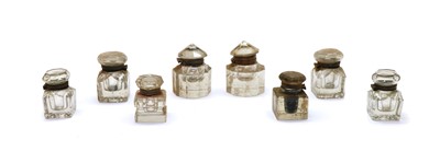 Lot 121 - Three pairs of glass ink bottles and a brass inkstand