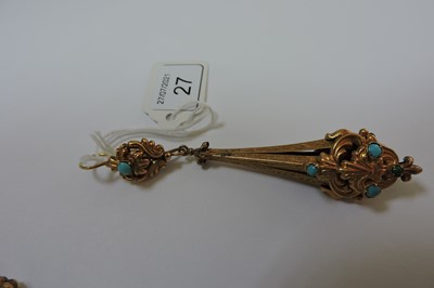 Lot 27 - A pair of Regency gold and turquoise set drop earrings