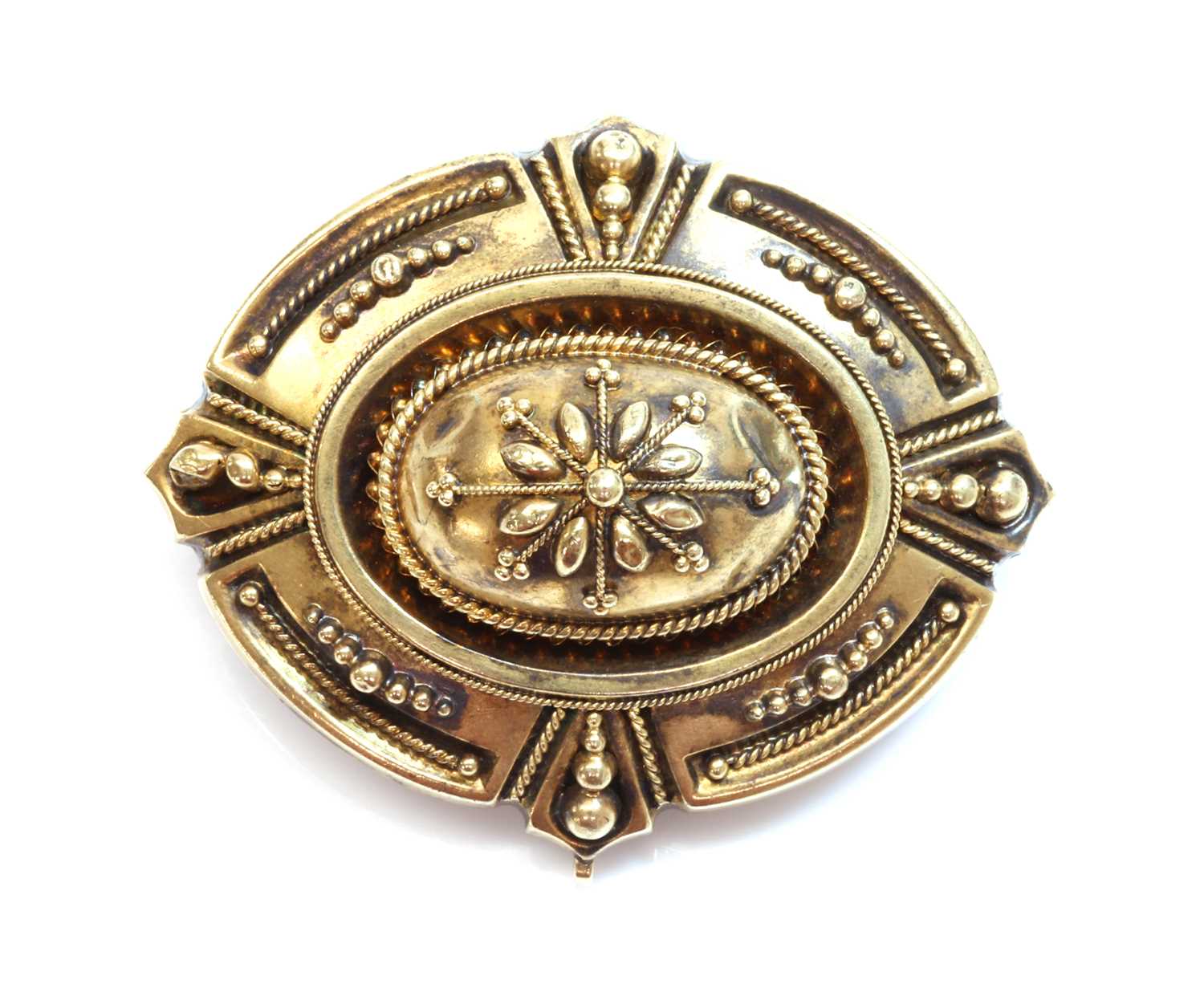 Lot 7 - A Victorian archaeological revival Etruscan style shield form brooch, c.1870