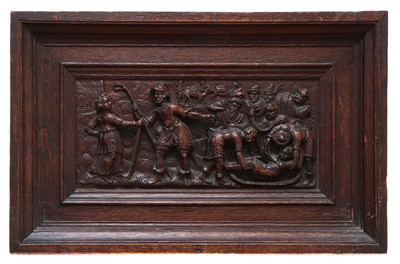 Lot 521 - A pair of relief carved oak panels