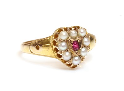 Lot 99 - A 15ct gold Victorian ruby and split pearl heart shaped cluster ring