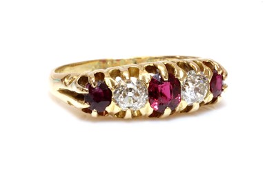 Lot 44 - An 18ct gold red spinel, ruby and diamond boat shaped ring, c.1900