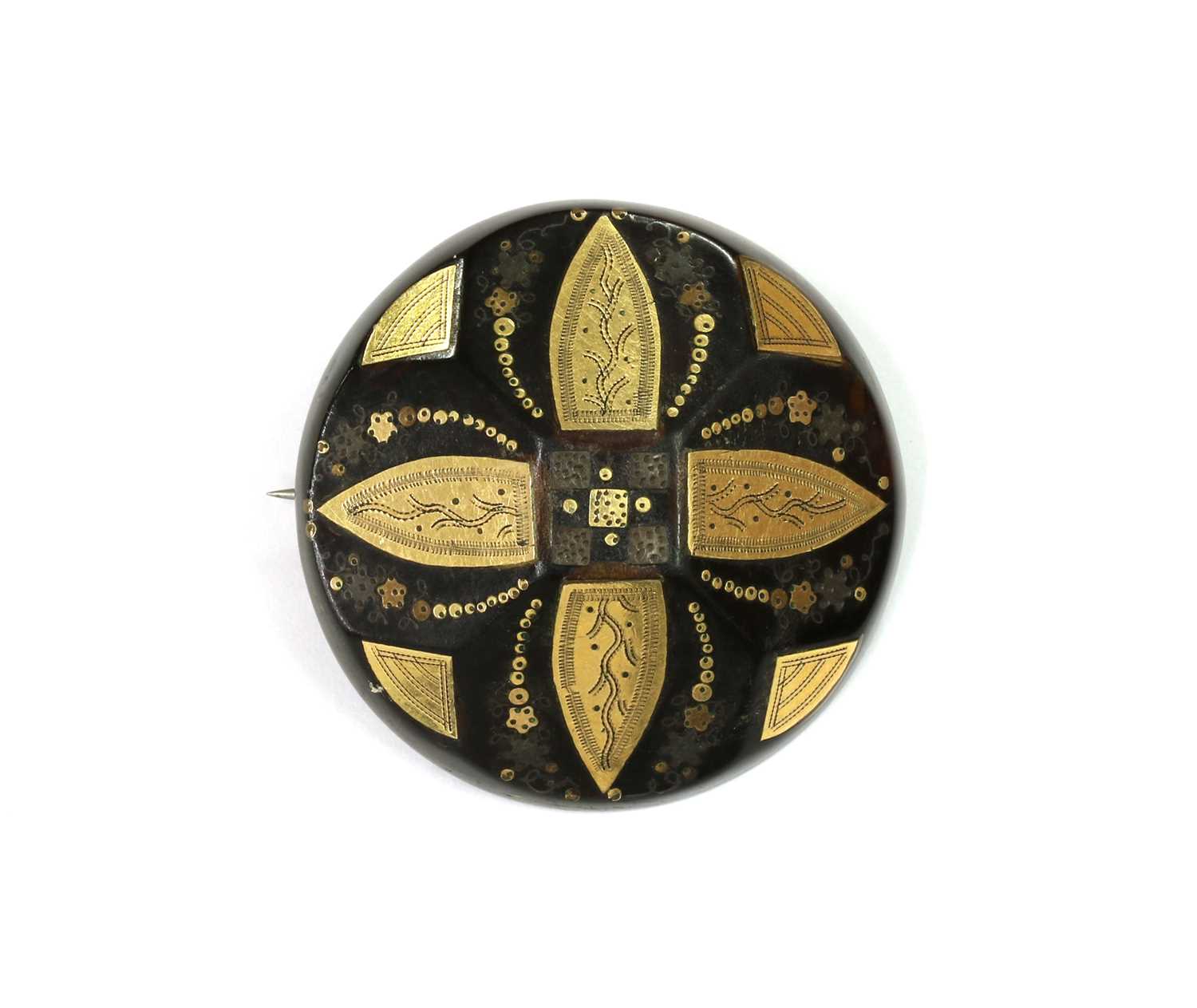Lot 1021 - A Victorian piqué work tortoiseshell brooch
