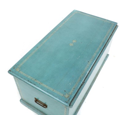Lot 276 - A blue painted pine box with 20 plus wood working planes