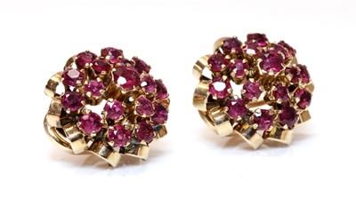 Lot 193 - A pair of gold ruby cluster earrings, c.1945-1955