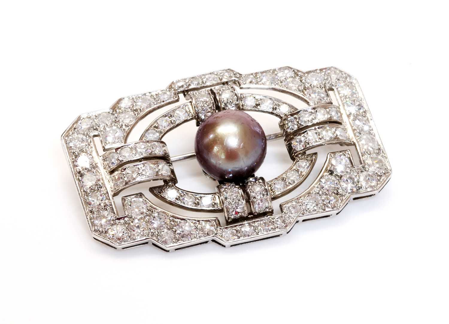 Lot 146 - A French Art Deco natural saltwater pearl diamond plaque brooch, c.1925