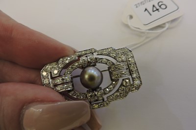 Lot 146 - A French Art Deco natural saltwater pearl diamond plaque brooch, c.1925