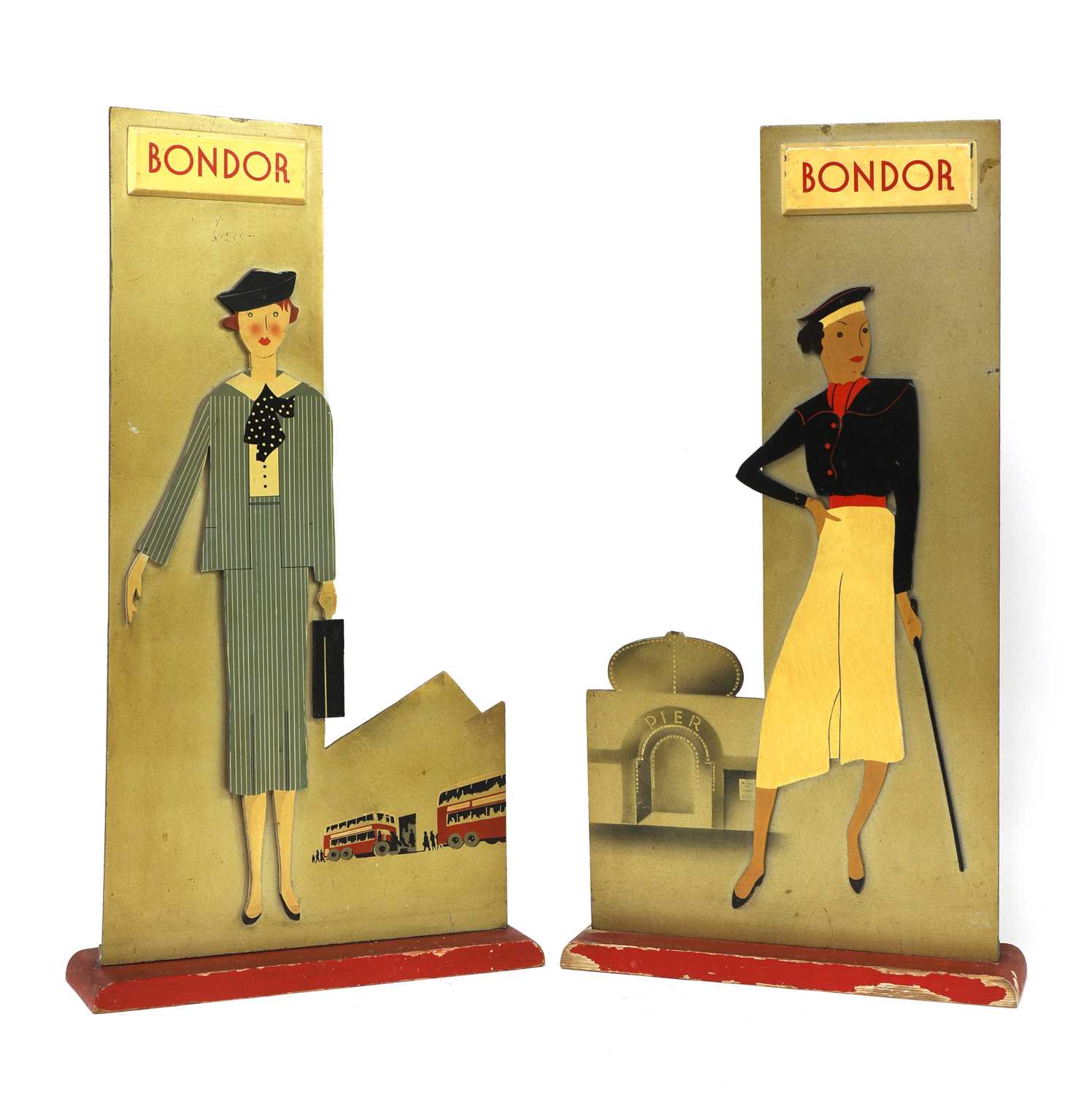 Lot 264 - A pair of Art Deco painted wood advertising signs for 'Bondor' stockings