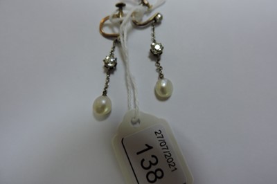 Lot 138 - A pair of Edwardian pearl and diamond drop earrings